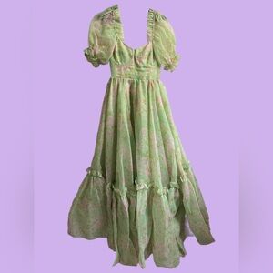 🍒 SELKIE - Light Green with Floral Print Maxi Dress 
Size XS